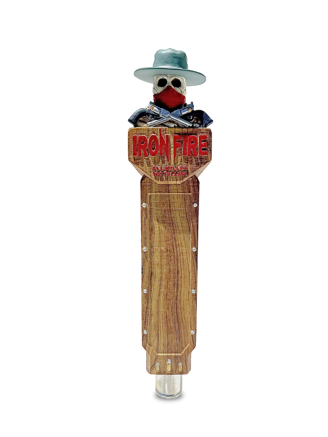 Custom shaped resin tap handle with embossed text